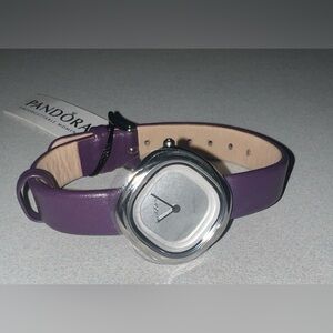 Pandora Liquid Swiss Watch Women 30mm Silver Tone Purple Leather New Battery